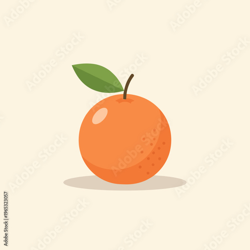 A vibrant orange fruit with a green leaf on top is depicted in a colorful vector illustration, showcasing its smooth skin and stem in a simple yet appealing design.