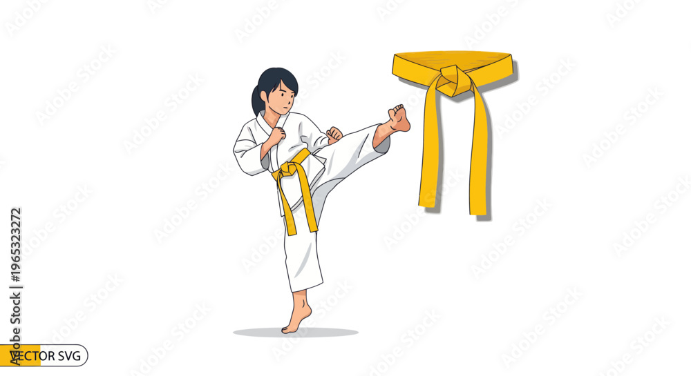 Fototapeta premium Karate girl performing high kick with yellow belt, isolated on white background