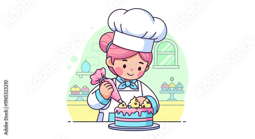 Cartoon Chef Decorating Cake with Piping Bag
