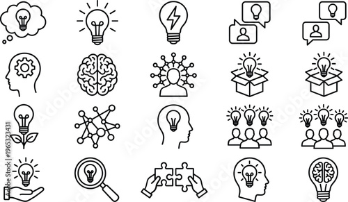 A set of line art illustrations depicting various concepts and ideas related to creativity and innovation in a modern design vector silhouette.