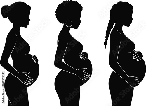 Silhouette of three diverse pregnant women with different hairstyles, representing motherhood, pregnancy and prenatal care