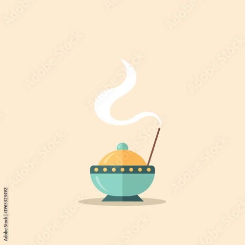 A vibrant teal and yellow incense burner with a lit stick