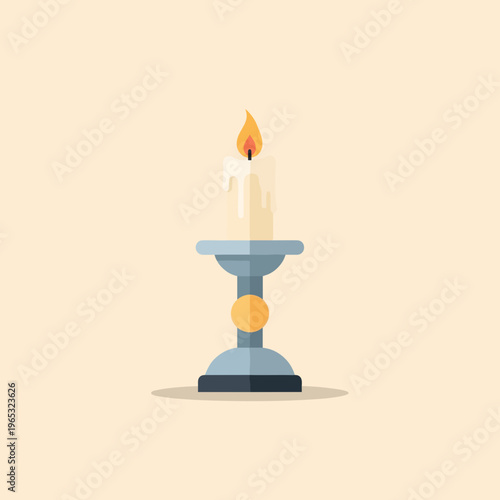 A lit candle with a white wax and orange flame sits on a blue and gold candlestick holder, creating a warm and cozy ambiance.