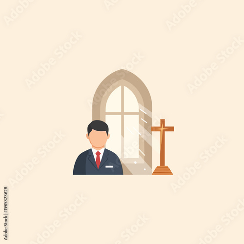 A man in a suit and red tie stands beside a cross in a church