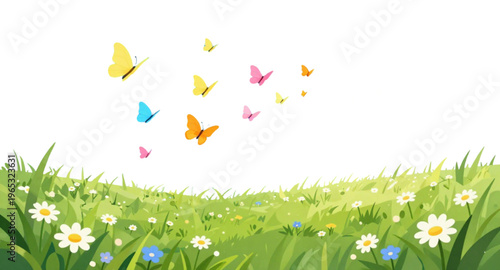 Illustration of Spring Meadow with Colorful Butterflies.