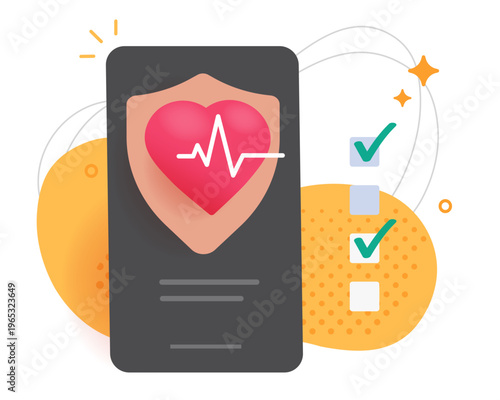 Heart medical health care insurance concept graphic drawn design, digital tele medicine insurance on smartphone cell phone mobile app check up, healthcare shield protection, heartbeat diagnostic
