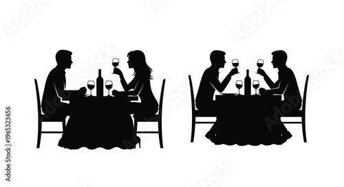 Couples enjoying a romantic dinner together depicted in black silhouette