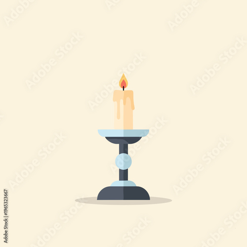 A single lit candle on a decorative blue and black candlestick holder, simple vector graphic design.