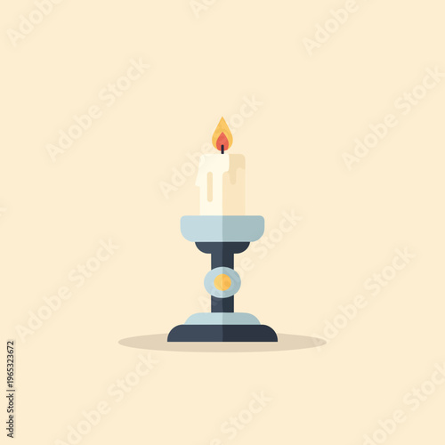 A vector graphic illustration of a single white candle on a blue and black candlestick with a yellow flame burning steadily on top.