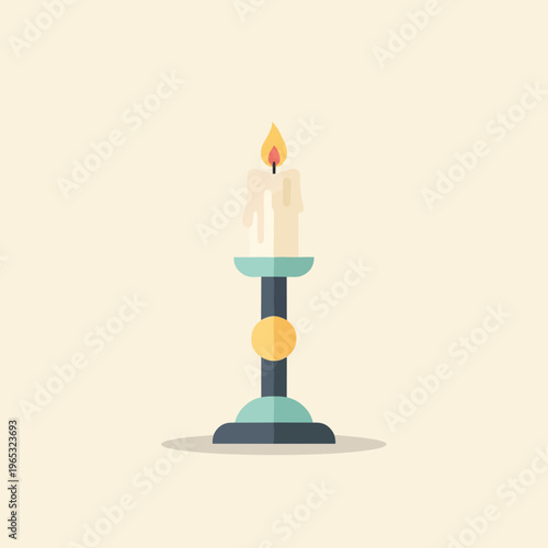 A simple vector illustration of a lit candle on a decorative candleholder with a teal and yellow design, featuring a burning flame at the top of the white candle.
