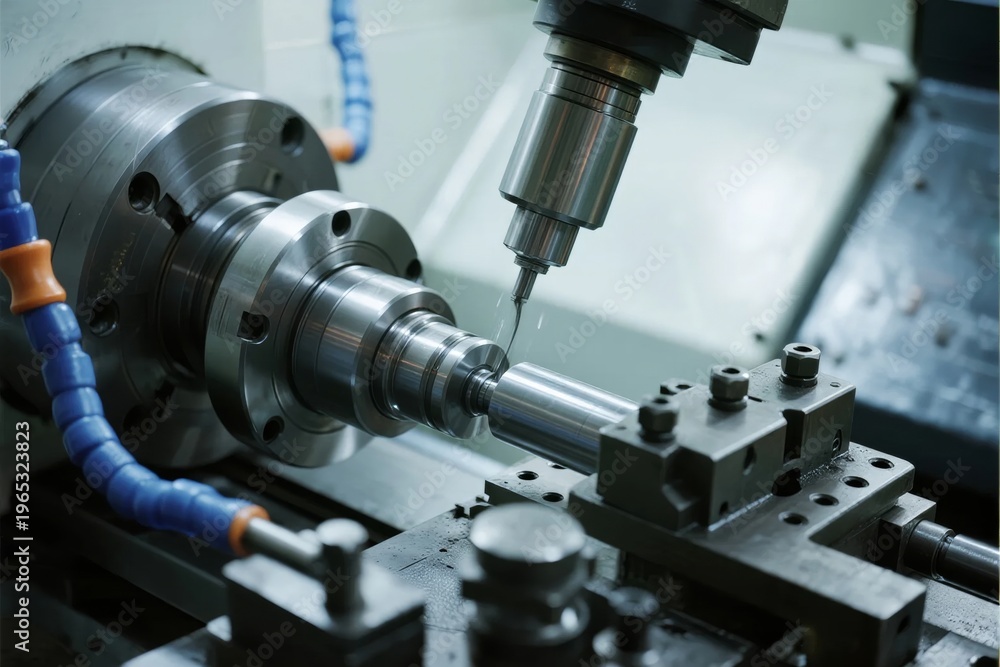 Fototapeta premium CNC machine tool machining a metal workpiece with precision drilling in an industrial setting
