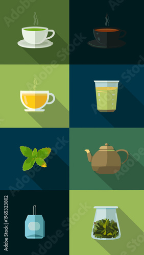 Colorful vector illustration of various tea related items and drinks