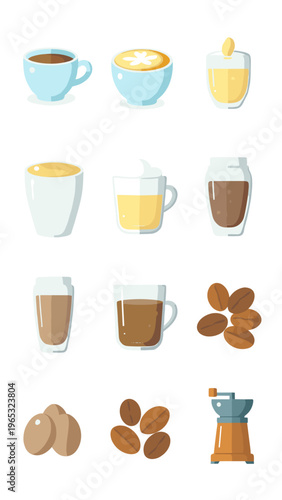Colorful vector illustration of various coffee drinks and coffee beans