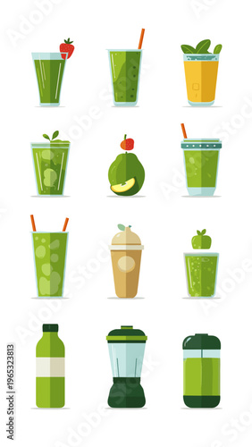 Colorful vector illustration of various green smoothies and juice drinks with straws, fruits, and blenders, showcasing healthy beverage options in a modern graphic design.