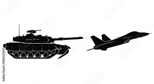 Military vehicles including a tank and fighter jet black silhouette