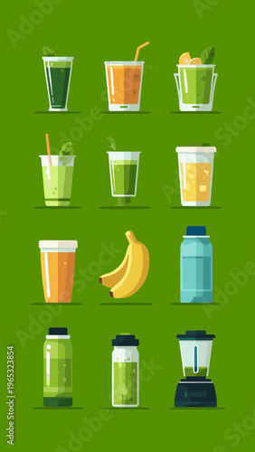 Colorful vector illustration of various smoothies and juice drinks with blender