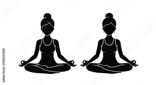 Two women in lotus position depicted in a striking black silhouette