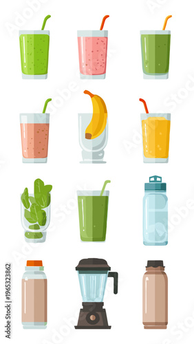 Colorful vector illustration of various smoothies and blenders with straws