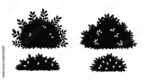 Black foliage shapes depict varied shrubbery in a graphic silhouette