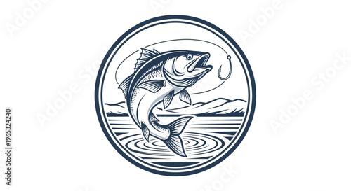Dynamic Fish Leaping from Water with Fishing Hook in Circular Emblem.