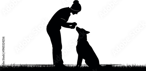 Dog training silhouette with woman, pet obedience and behavior concept, human interaction outdoor scene, loyalty and care illustration isolated background