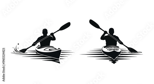 Two kayakers paddling on water a striking black graphic silhouette