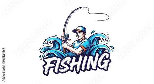 Dynamic Fishing Logo with Angler and Waves.