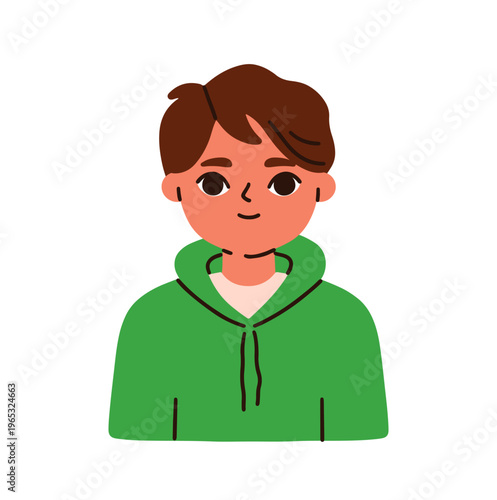 Little kid character, head portrait. School boy, child in casual hoodie, face avatar, user profile. Friendly smiling schoolkid, neutral emotion. Flat vector illustration isolated on white background
