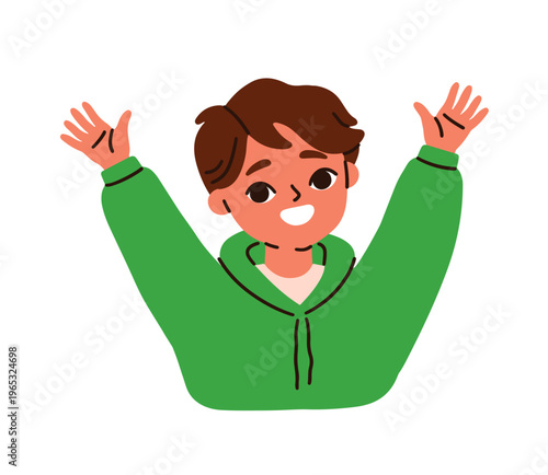 Happy boy with arms raised up, celebrating with joy. Smiling kid with joyful ...