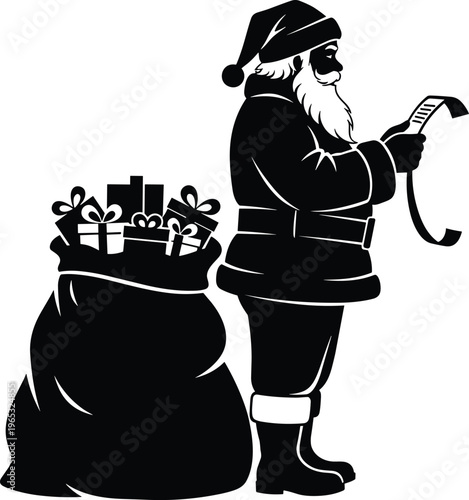 Black Vector Silhouette of Santa Claus Reading a Long Christmas Wish List Beside a Large Sack Full of Wrapped Holiday Gifts