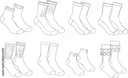 Collection of Various Sock Styles in Line Art Vector Illustration Including Ankle Crew Dress and Ruffled Socks for Fashion Design