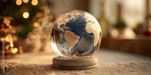 Elegant Earth snow globe with golden continents and warm festive light