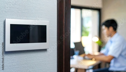 [Hybrid work concept] Wall-mounted digital screen on textured gray wall with blurred man working indoors