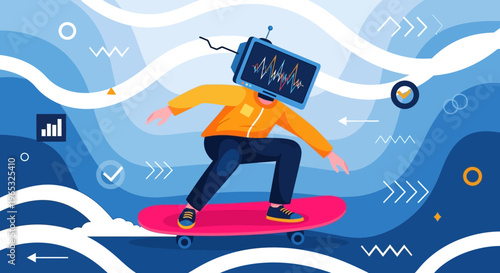 Person with a TV head surfing on a pink board.