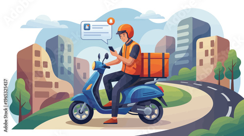 A delivery person on a blue scooter checking their phone with a notification, driving on a winding road through a city with buildings and trees.