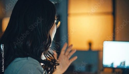 [Hybrid work concept] Woman with glasses waving at a computer screen in a dimly lit room
