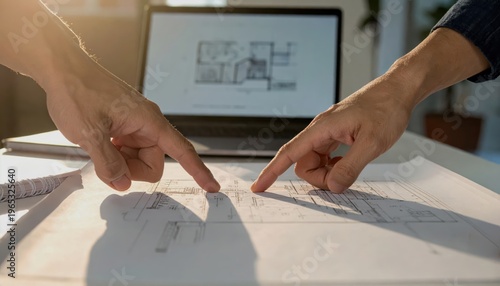 [Hybrid work concept] Two hands pointing at architectural plans on a desk with a laptop in background