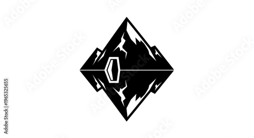 Mountain peak reflected in water with geometric frame, minimalist design.