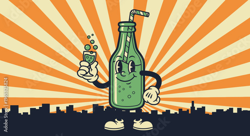 Retro Cartoon Green Bottle Character Holding a Sparkling Drink.