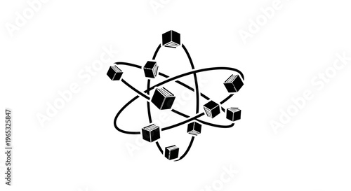 Abstract molecular structure with orbiting cubes and lines on white background