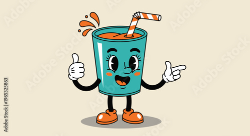 Retro Cartoon Drink Character with Thumbs Up and Pointing Gesture.