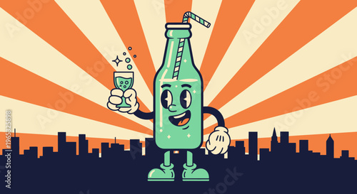Retro Cartoon Soda Bottle Character Holding a Sparkling Drink.