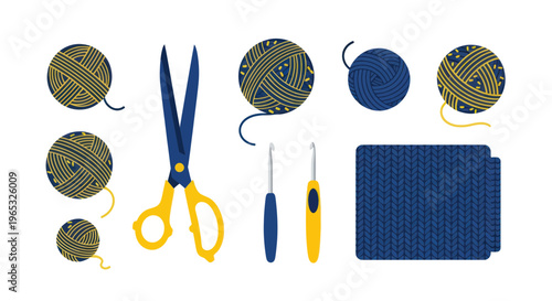 Crochet supplies: yarn balls, hooks, scissors, and knitted fabric isolated on white