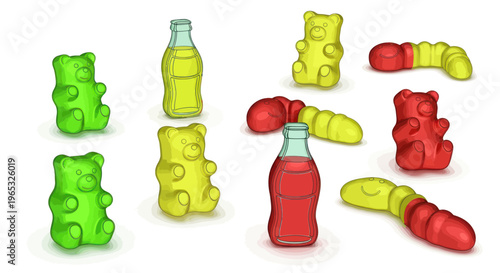 Gummy Bears and Worms Candy Collection with Soda Bottles