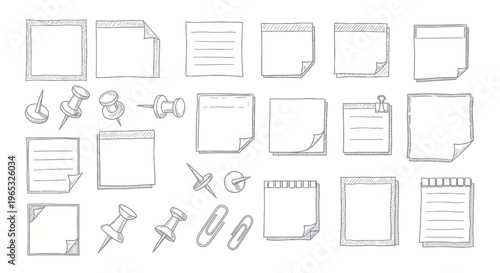 Hand Drawn Sticky Notes and Thumbtacks Collection - Office Supplies Doodle