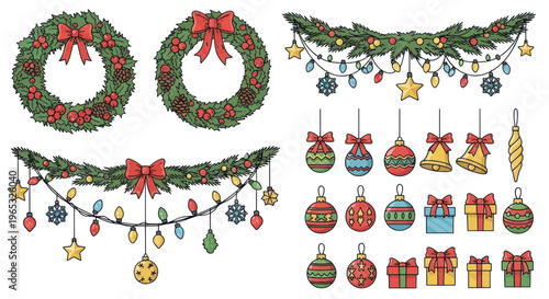 Hand-drawn Christmas Decorations Collection: Wreaths, Garlands, Ornaments, Gifts, Lights