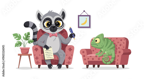 Lemur therapist counsels anxious chameleon in therapy session