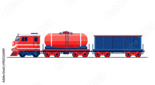 Red train with tanker and cargo car, isolated on white background, vector illustration