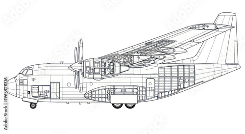 Aircraft Blueprint: Detailed Cutaway of a Propeller Cargo Plane
