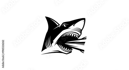 Aggressive shark head with open mouth and sharp teeth, black and white illustration